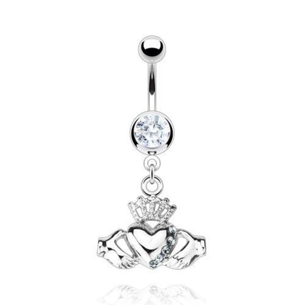 Claddagh Crown Heart CZ Belly Ring 14G Surgical Steel Navel Piercing Jewelry